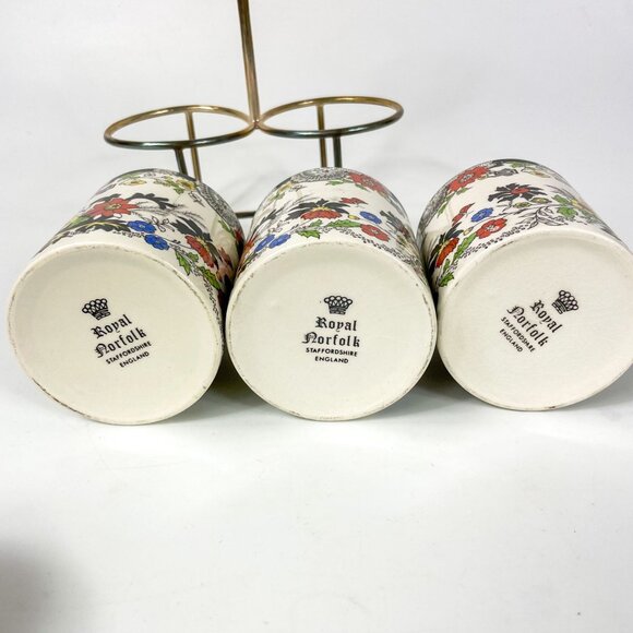 Royal Norfolk Staffordshire UK Condiment Jars Set Of 3 With Holder Spoons Floral - Picture 8 of 8